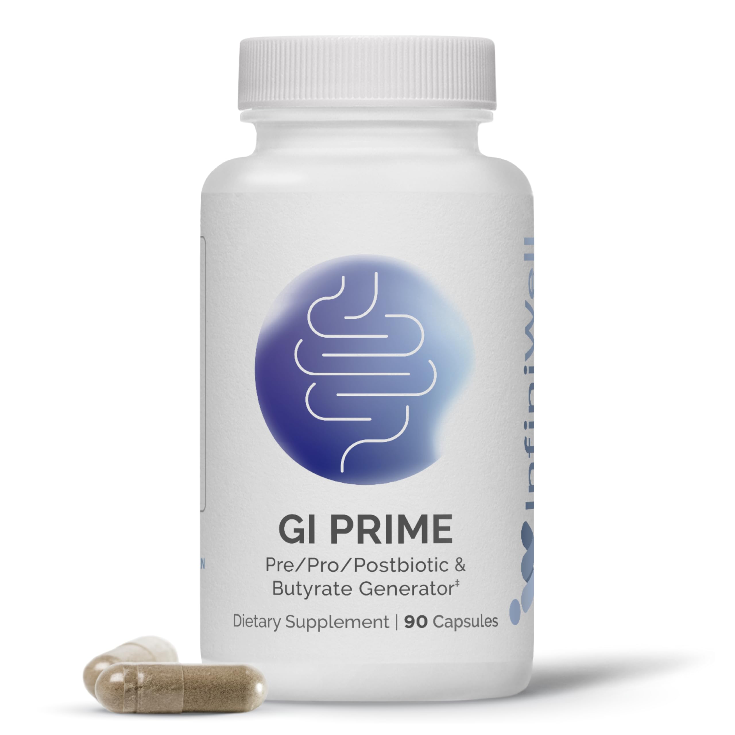 InfiniWell GI Prime – Bouteille montrant les capsules, soutien potentiel à l'équilibre intestinal au quotidien.