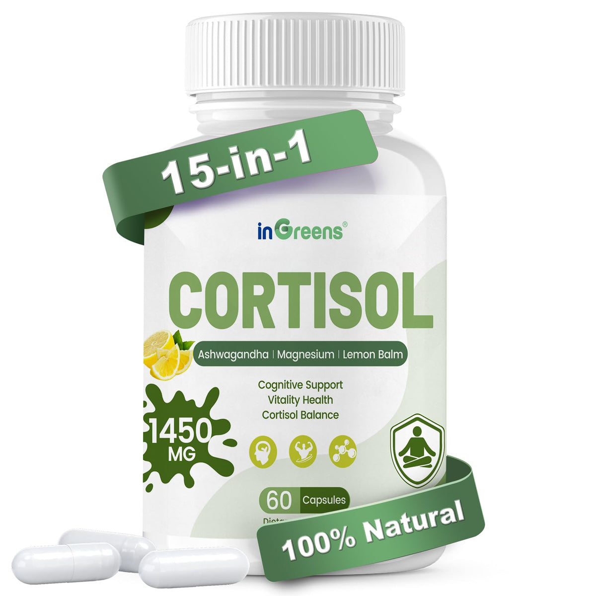 inGreens cortisol-supplement-bouteille: affichage produit pour le bien-être quotidien