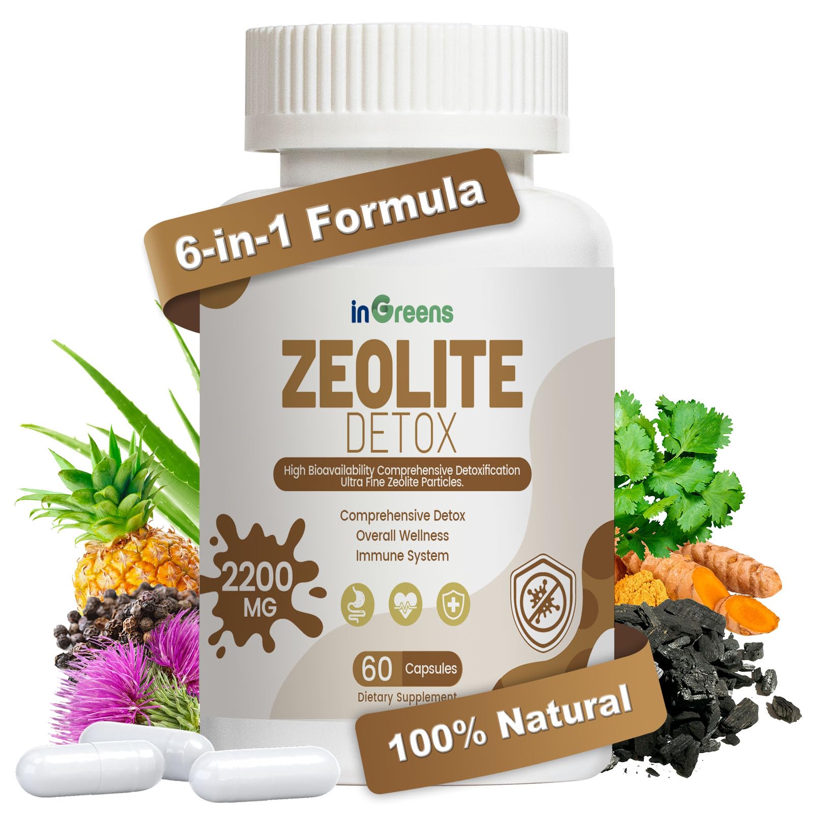 inGreens Zeolite Detox capsules — bouteille prête à l'emploi pour le soutien digestif potentiel.