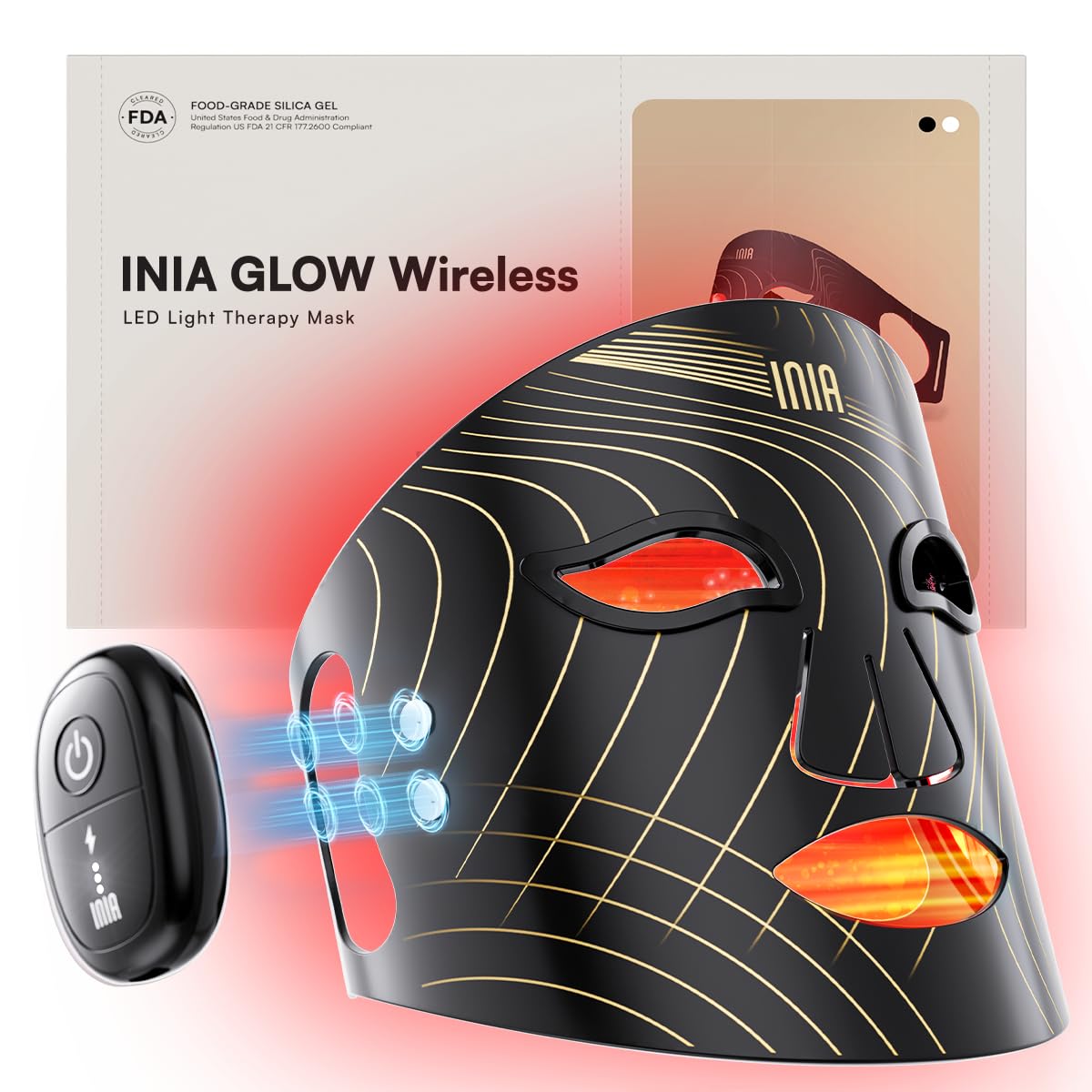 Masque INIA Glow pour le visage, thérapie lumineuse sans fil pratique à domicile.