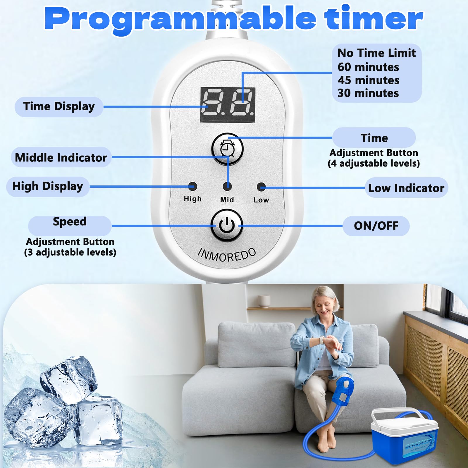 Inmoredo contrôle temps programmable: personnalisez chaque séance selon besoin.