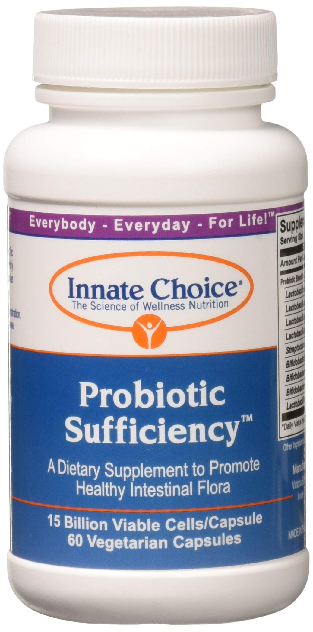 Innate Choice Probiotic Sufficiency – bouteille montrant l'étiquette et soutien potentiel de l'équilibre intestinal