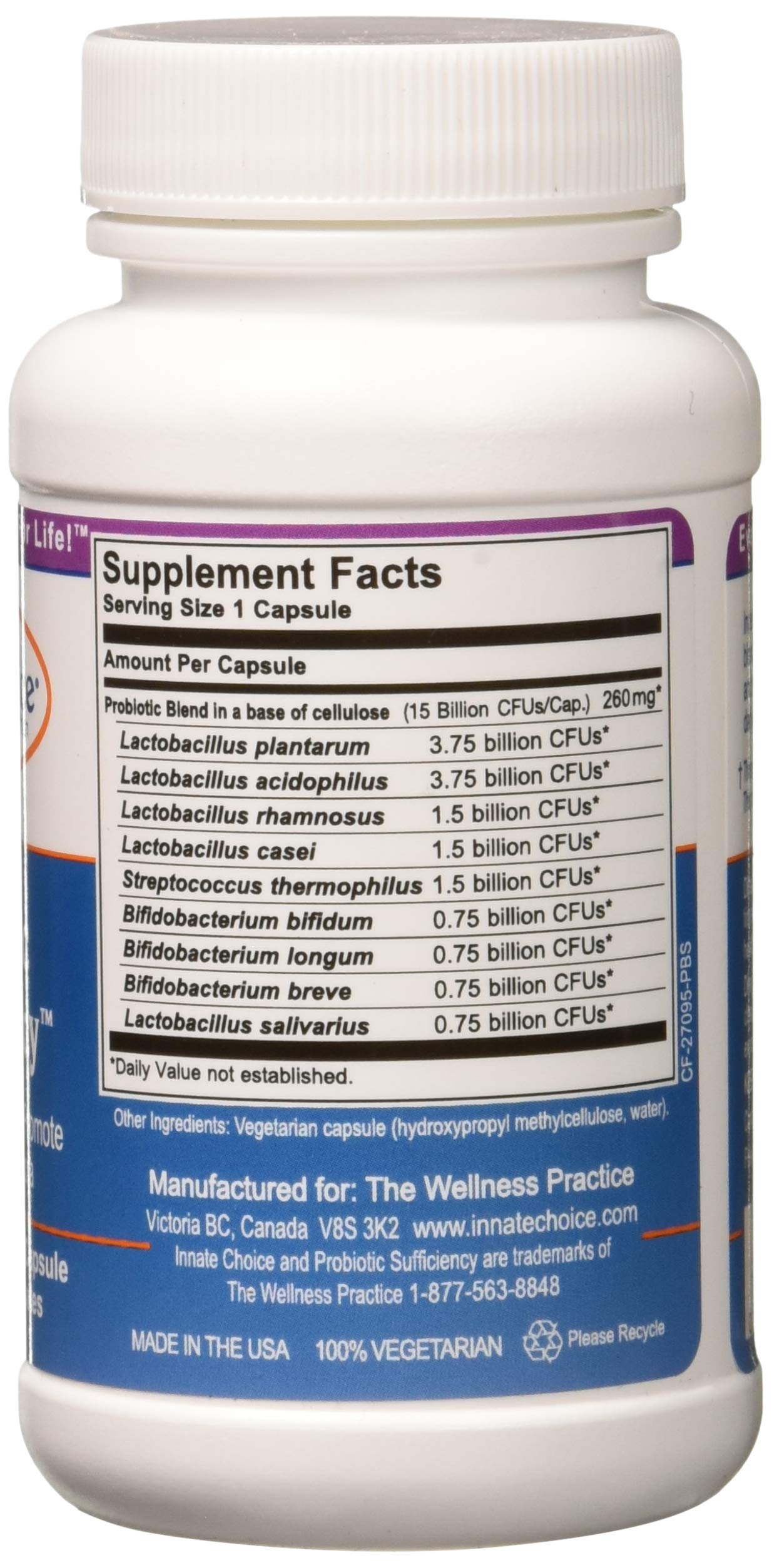 Innate Choice Probiotic Sufficiency – étiquette claire montrant la composition et le dosage