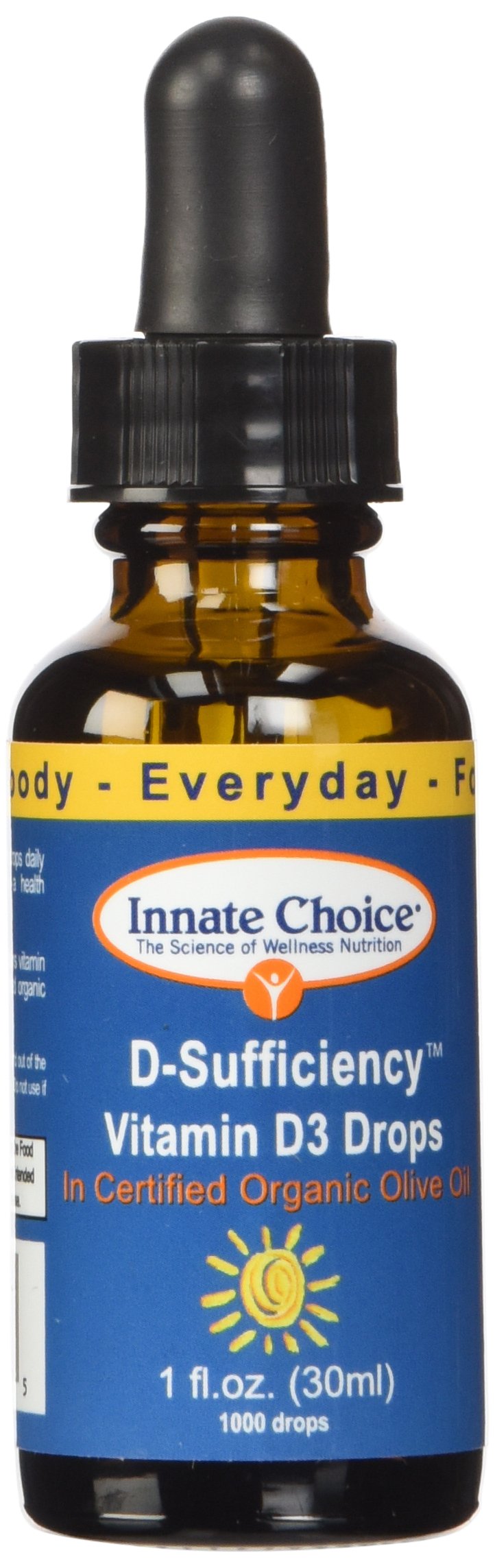 Innate Choice Vitamine D3 bouteille et gouttes, dosage facile pour une utilisation quotidienne.