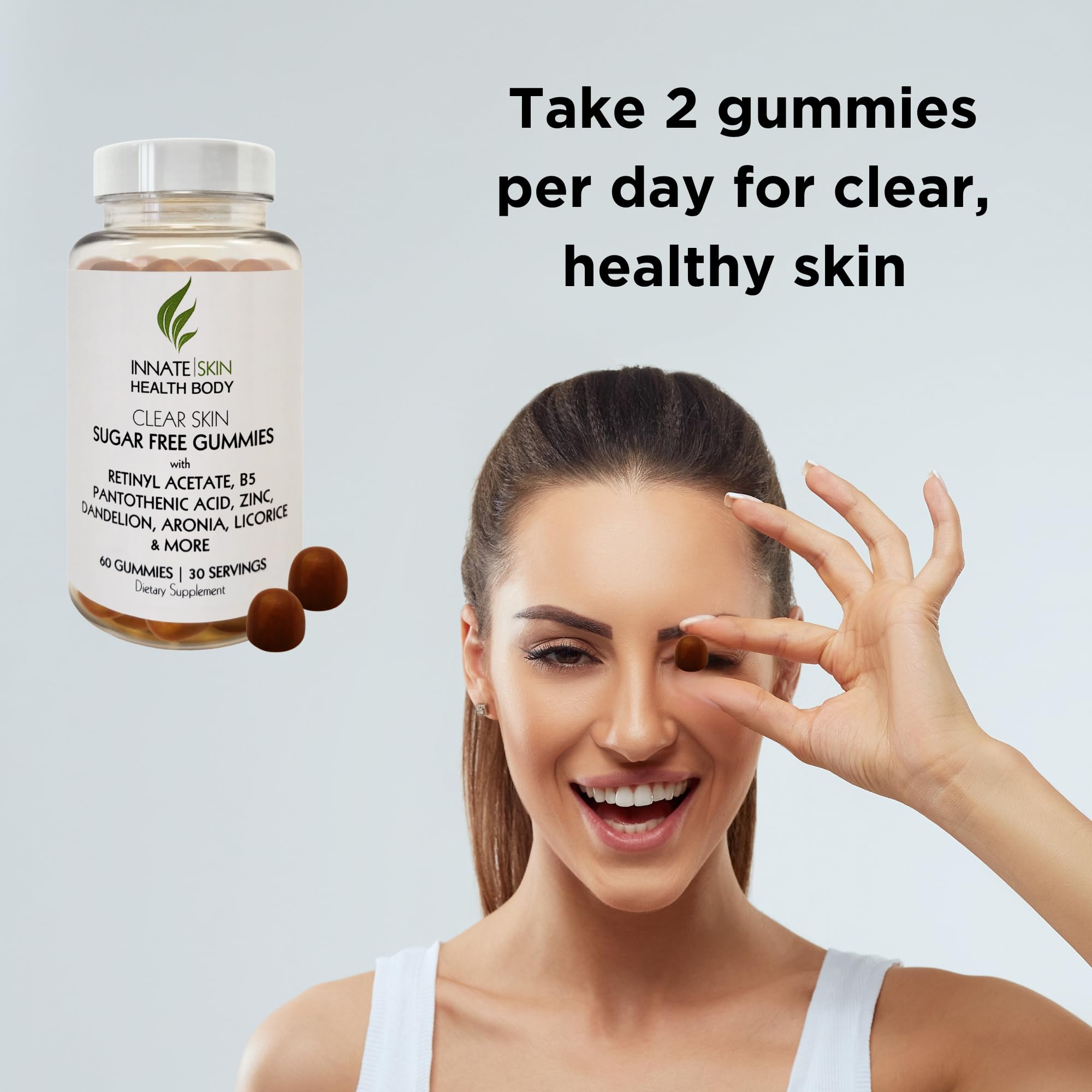 Gommes Innate Skin affichant zinc, vitamines et antioxydants pour la peau.