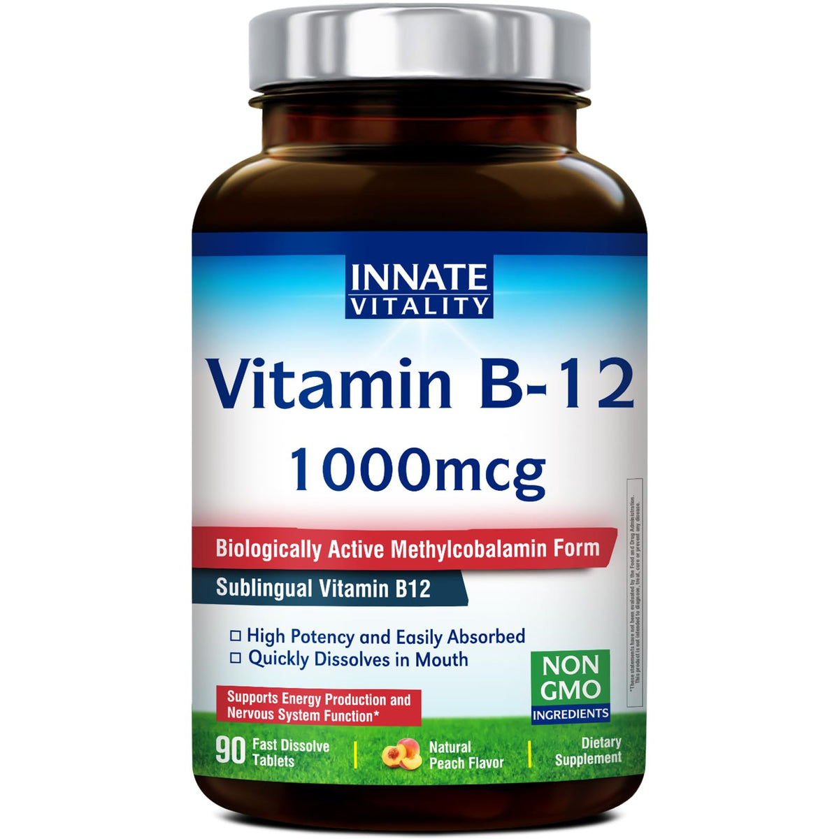 Tablette sublinguale Innate Vitality B12 pêche, absorption rapide et énergie potentielle.
