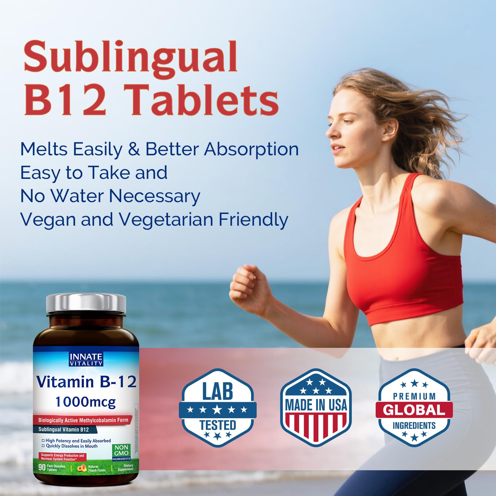 Sans gluten et sans allergènes Innate Vitality B12, adapté à divers régimes.