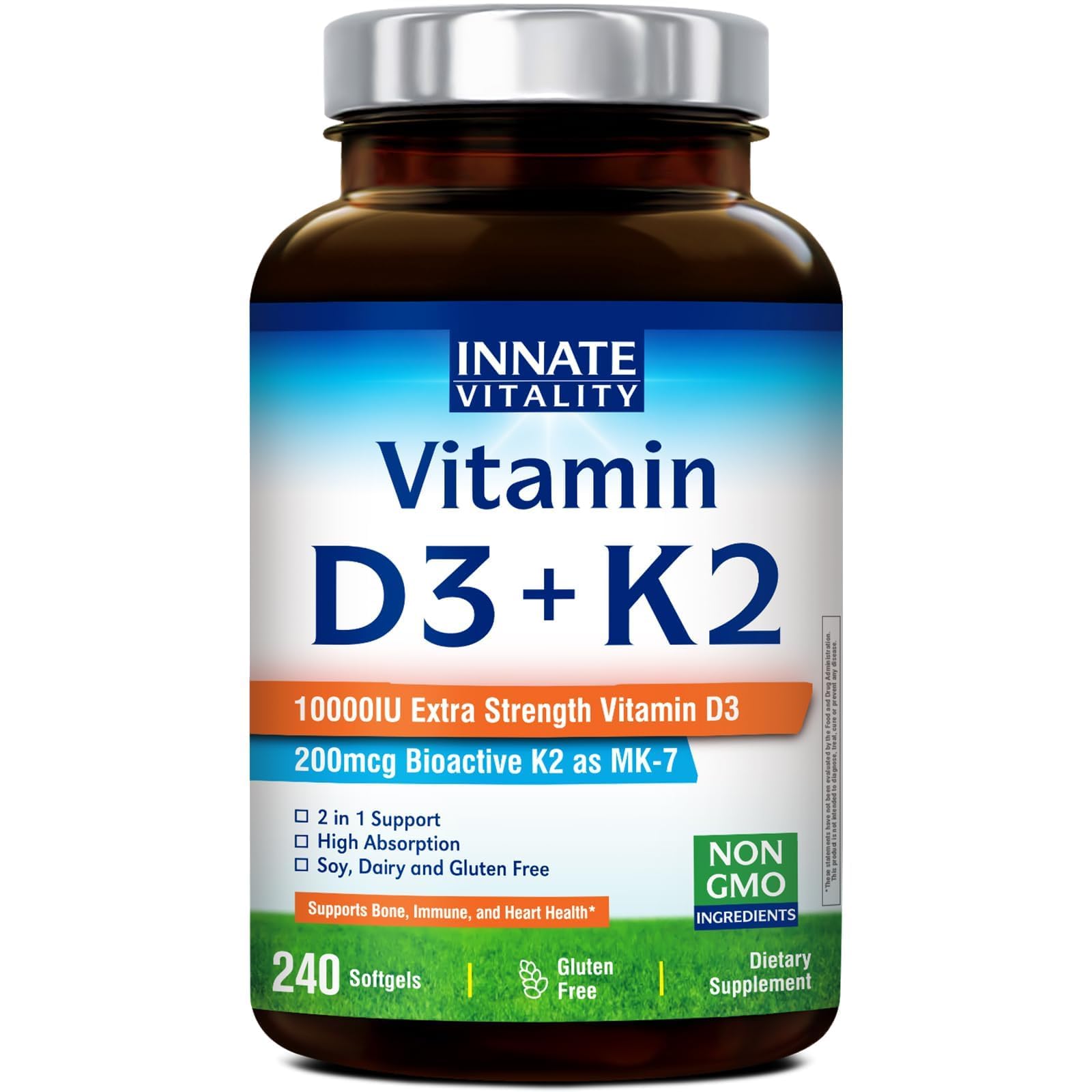 Innate Vitality D3 K2 — flacon et gélules, soutien potentiel des os et des dents.