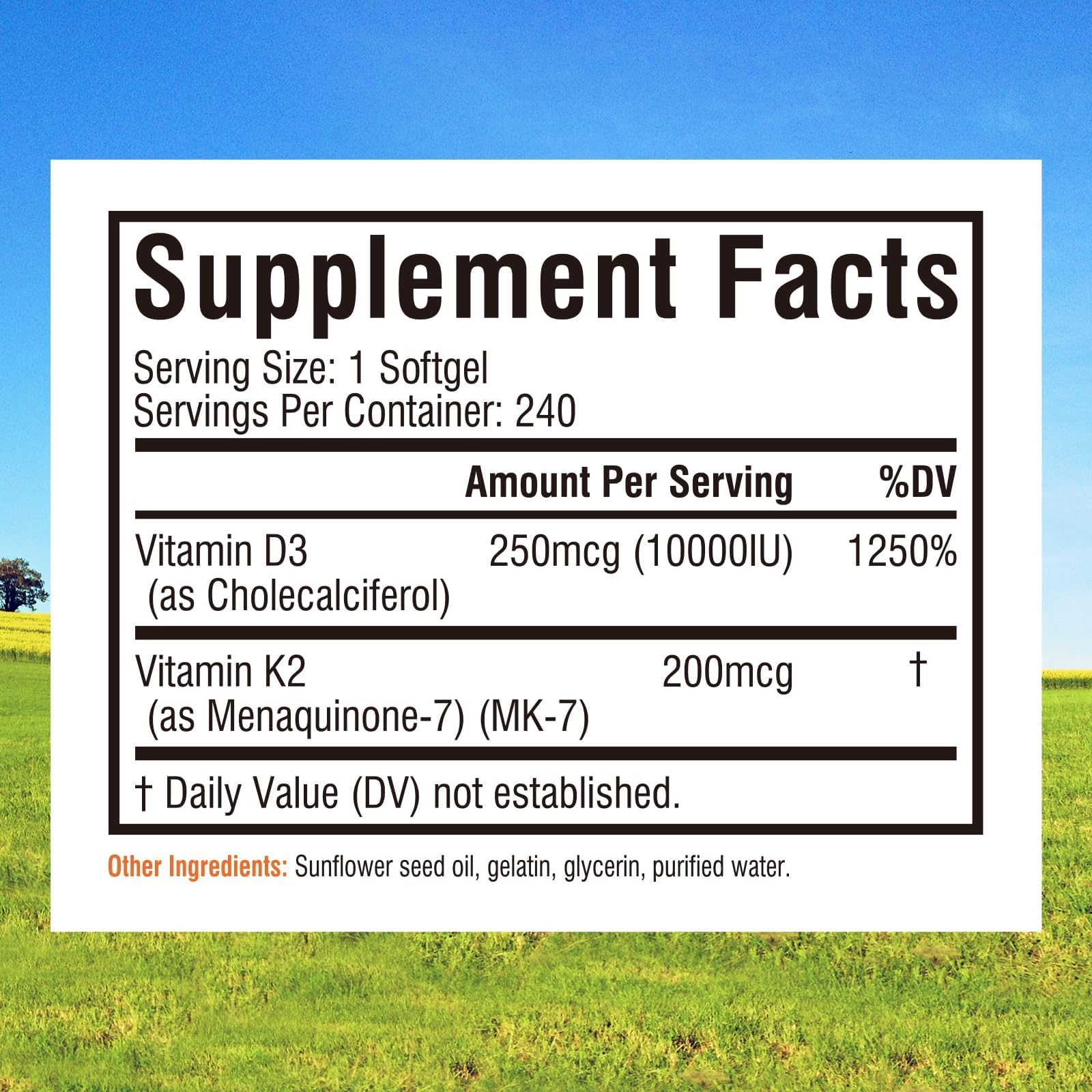 Innate Vitality D3 K2 — gélules visibles et absorption améliorée grâce à l'huile de tournesol.
