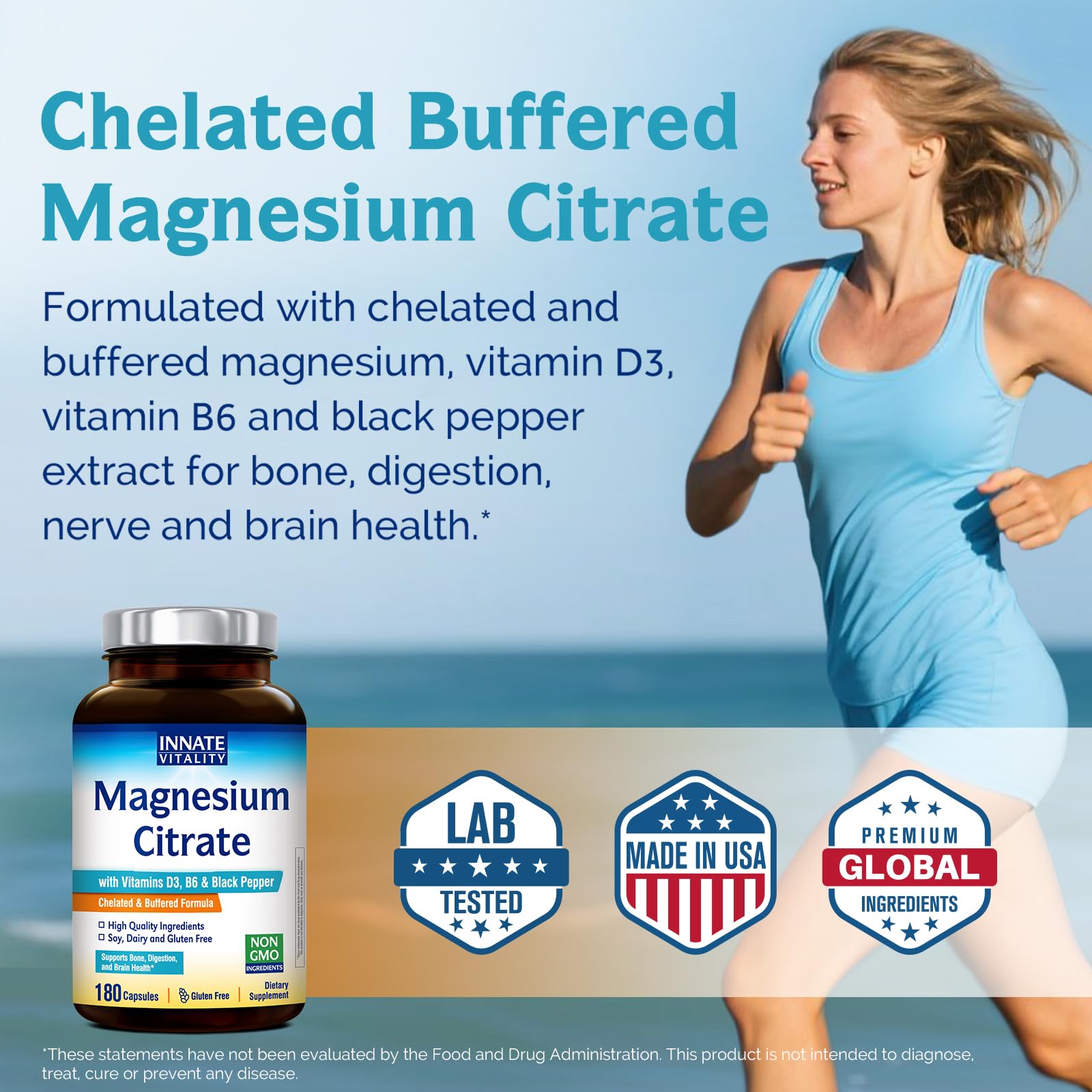 Capsules vertes et blanches Innate Vitality Magnésium Citrate.