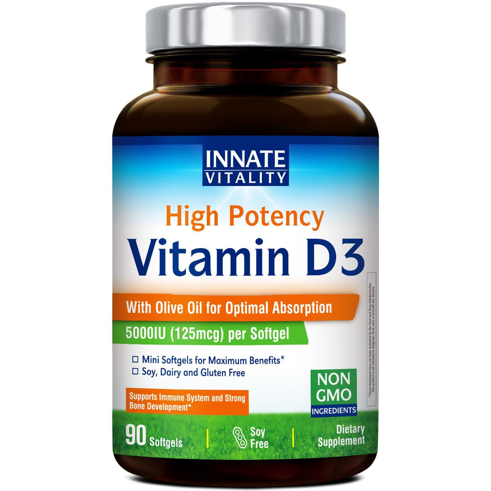 Innate Vitality Vitamine D3 5000 UI — bouteille softgels, prise quotidienne aisée.