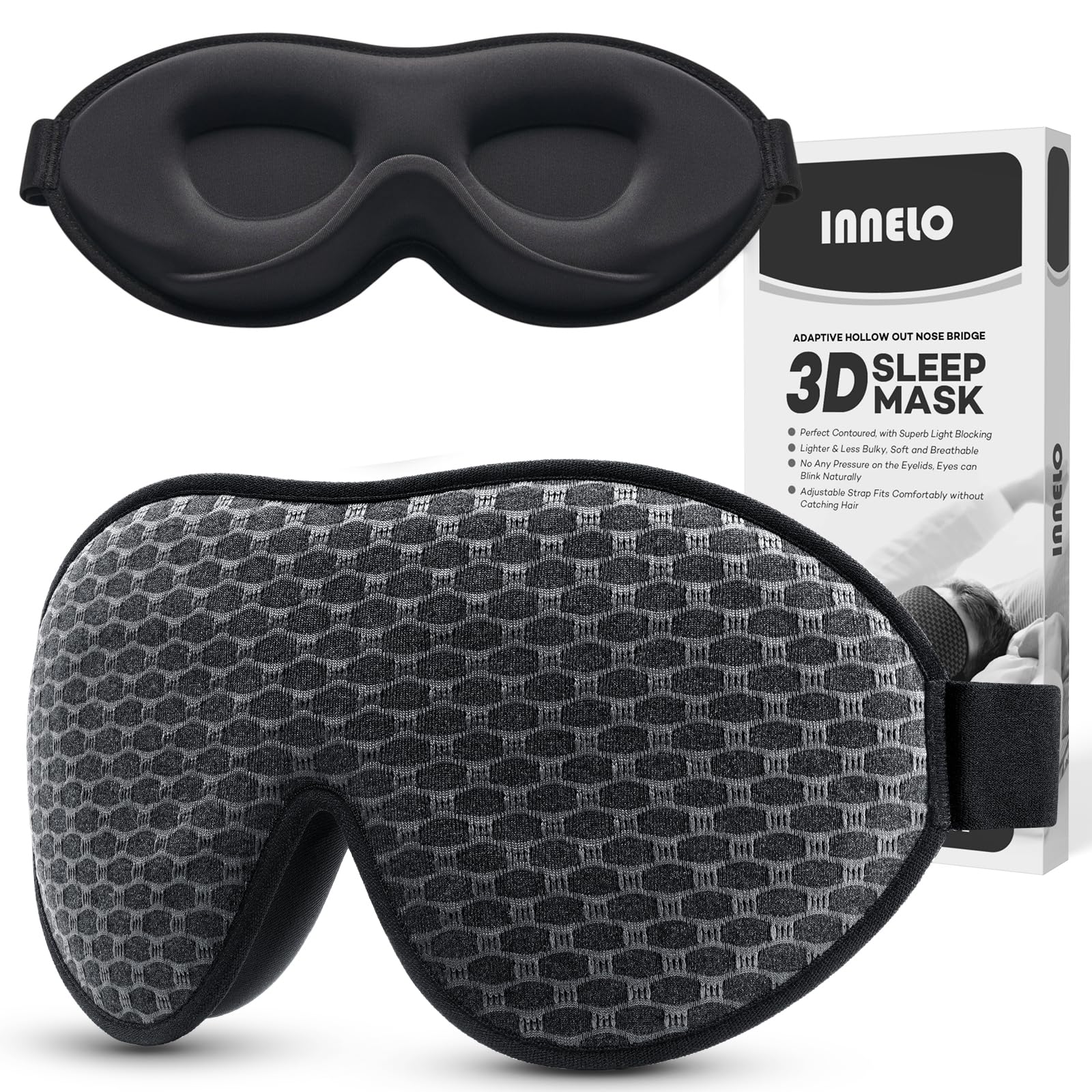 INNELO masque sommeil 3D contour pour dormeurs sur le côté, confort sans pression.