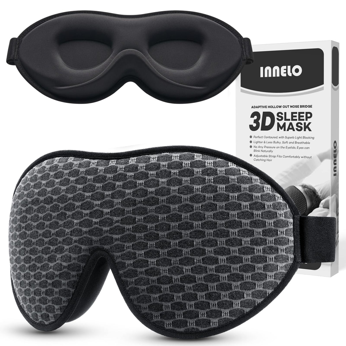 INNELO masque sommeil 3D contour pour dormeurs sur le côté, confort sans pression.
