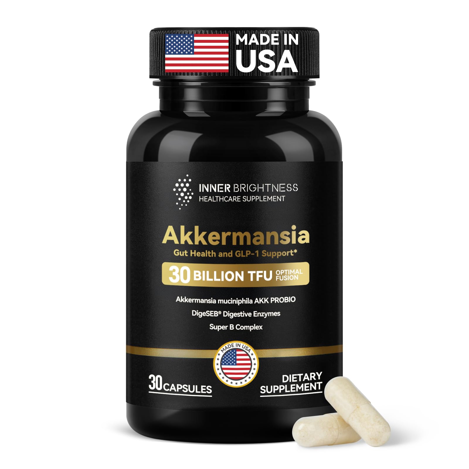 Inner Brightness Akkermansia Probiotic bouteille: stabilité et facilité d’ajout à votre routine.