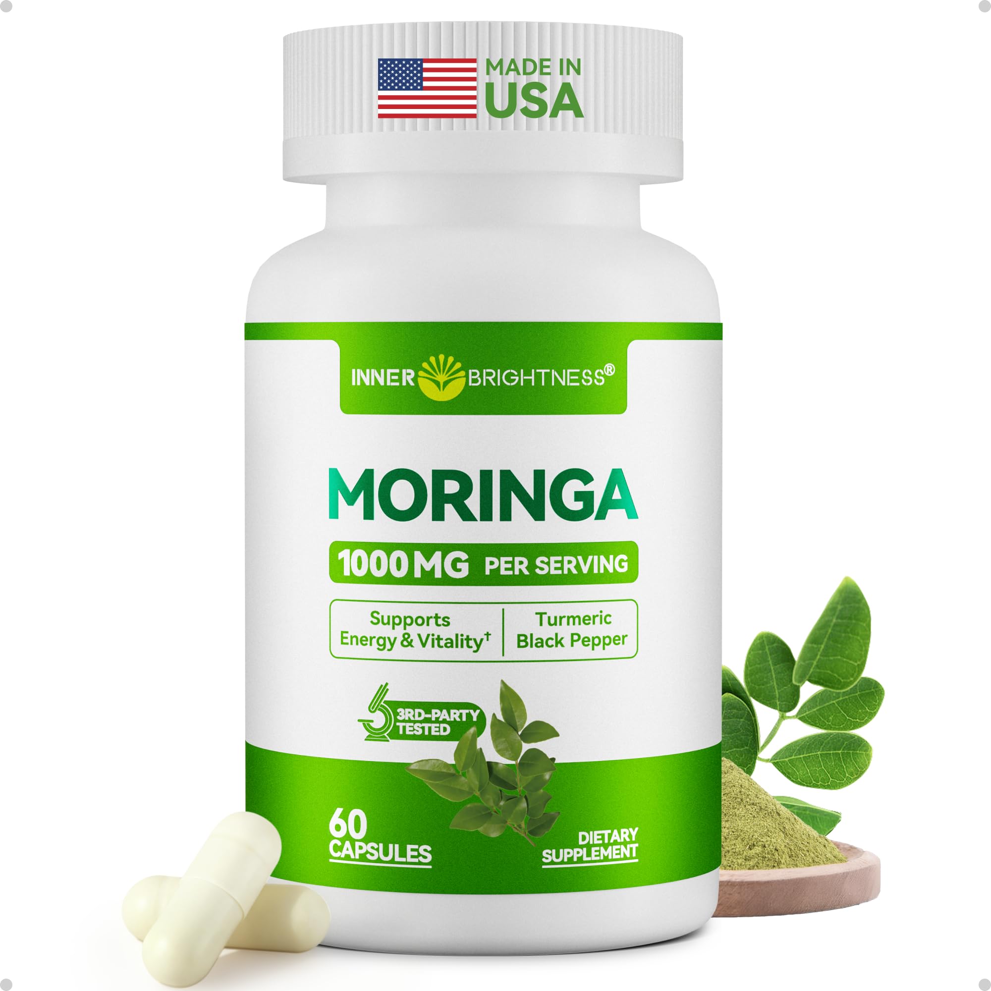 Inner Brightness Moringa 1000mg – gélules faciles à intégrer à votre routine pour énergie naturelle.