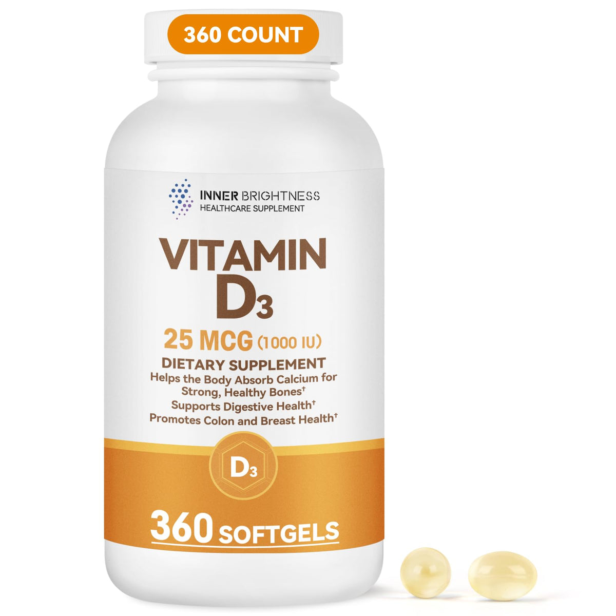 Bouteille Inner Brightness Vitamine D3 1000 UI, soutien immunitaire potentiel.