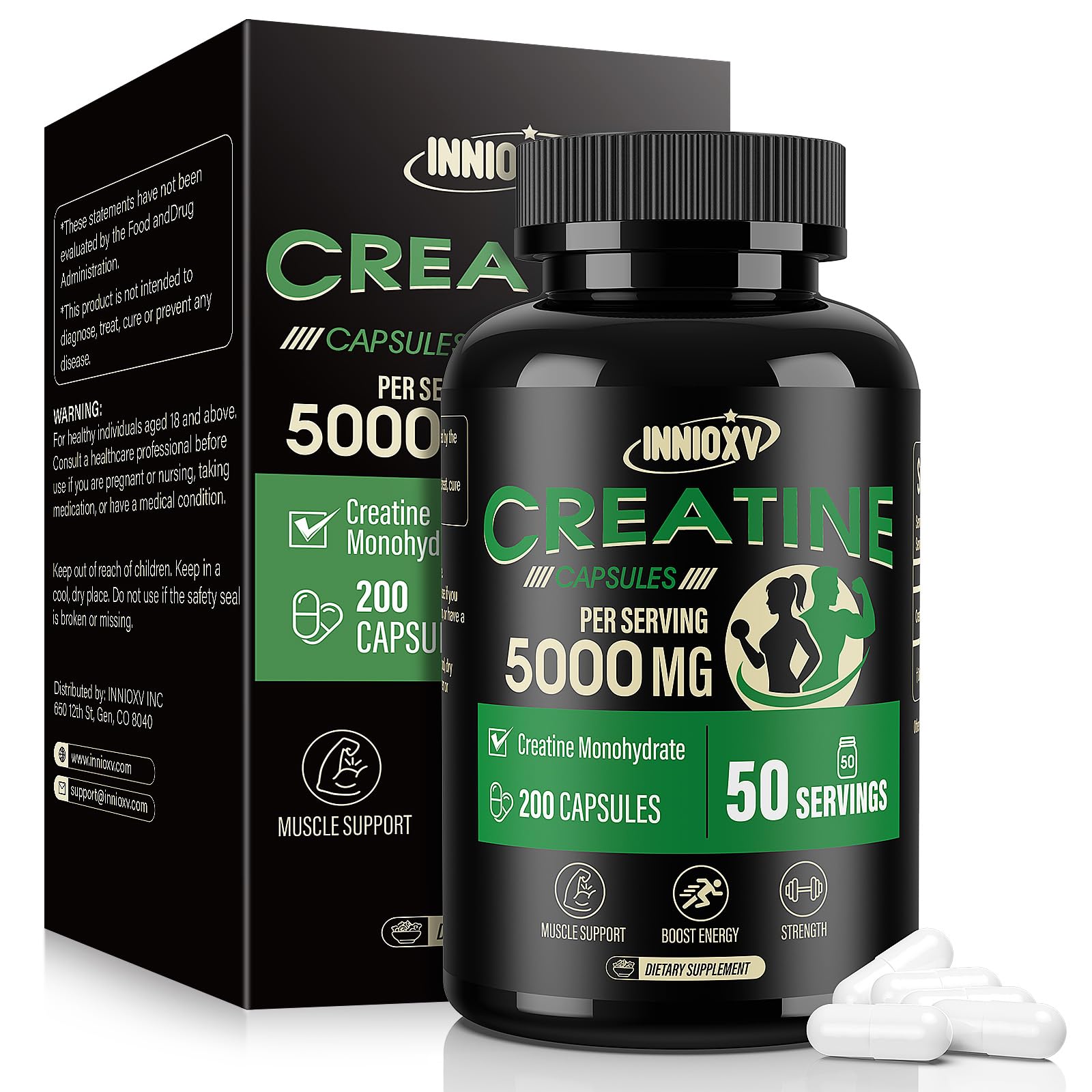 INNIOXV Créatine Monohydrate – bouteille 5000 mg, soutien musculaire et énergie.