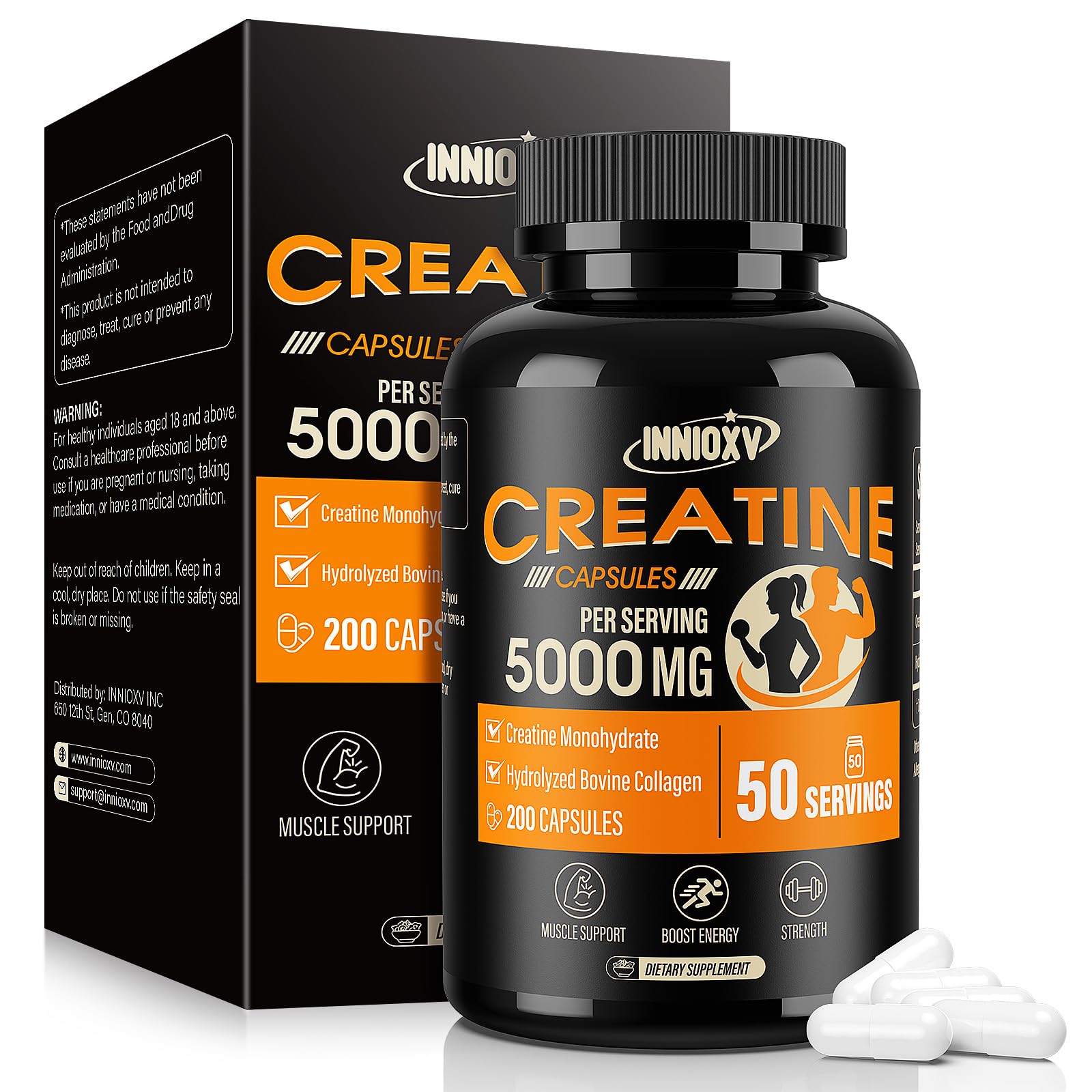 INNIOXV Creatine Monohydrate – capsules 5000mg, énergie pendant l'entraînement.