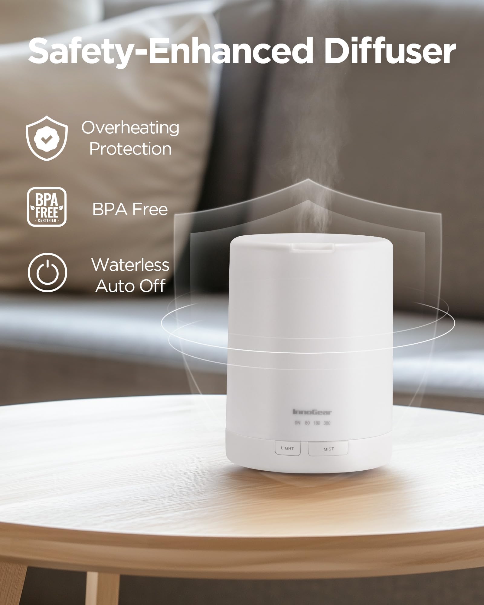 InnoGear diffuseur 300ml, sécurité arrêt automatique pour votre tranquillité.