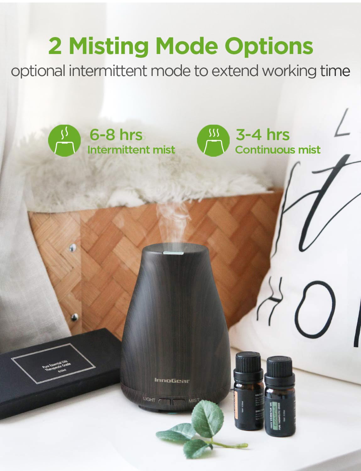 Diffuseur InnoGear d'aromathérapie, ambiance lumineuse 7 couleurs favorisant le repos.