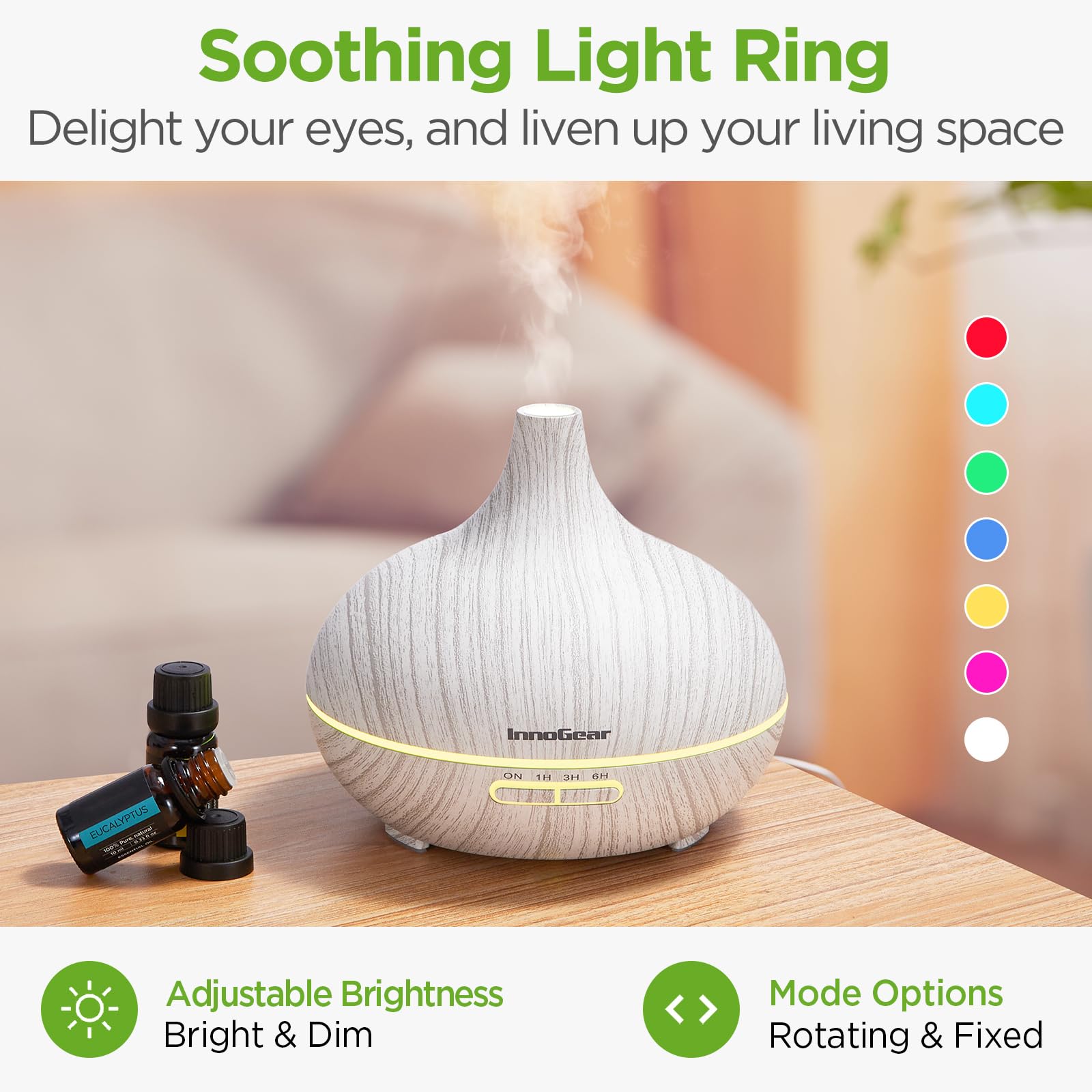 Diffuseur InnoGear ultrasonique, lumière multicolore douce pour créer une atmosphère nocturne.