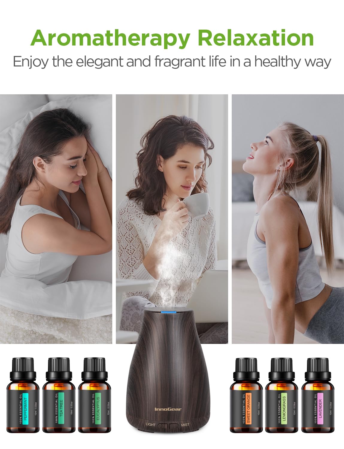 Huiles incluses InnoGear: arbre à thé, lavande, eucalyptus, citronnelle, menthe poivrée et orange.