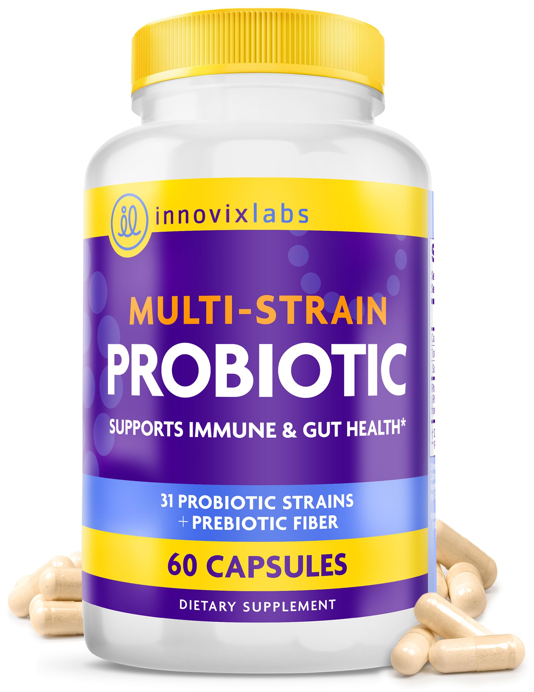 InnovixLabs Multi Strain Probiotics, bouteille prête, soutien digestif potentiel.