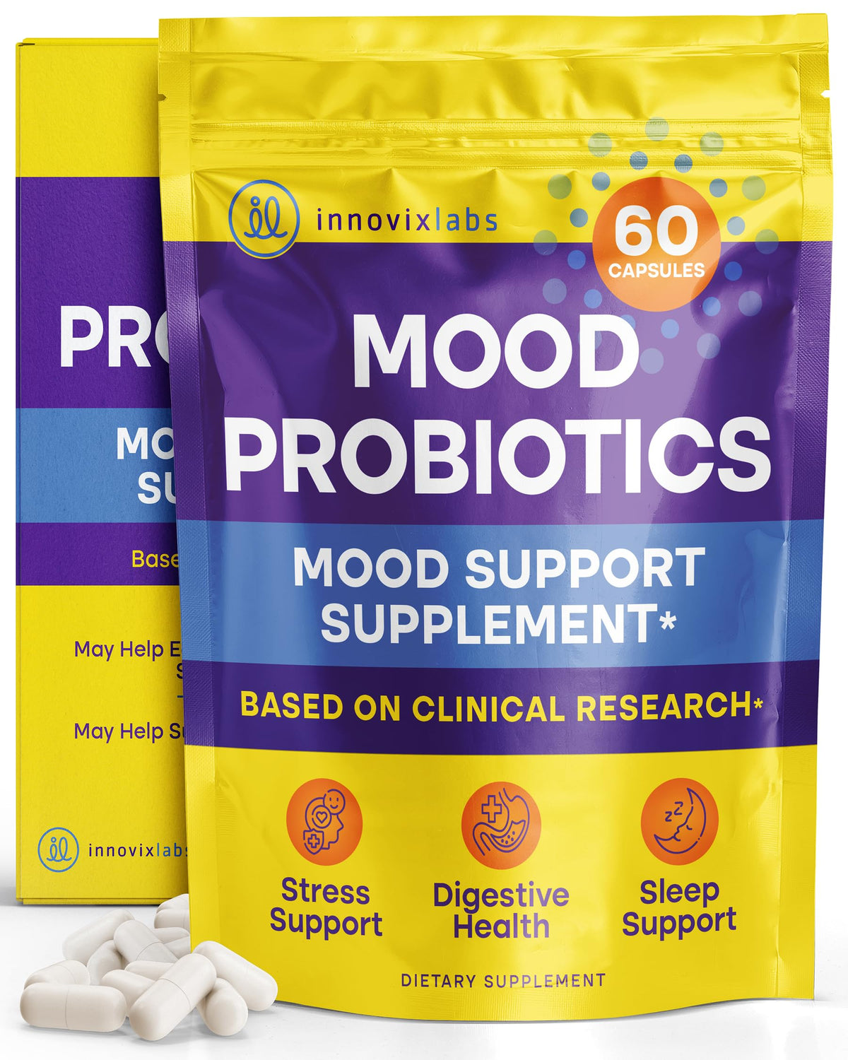InnovixLabs Mood Probiotic - bouteille emballage, soutien potentiel du bien-être digestif.