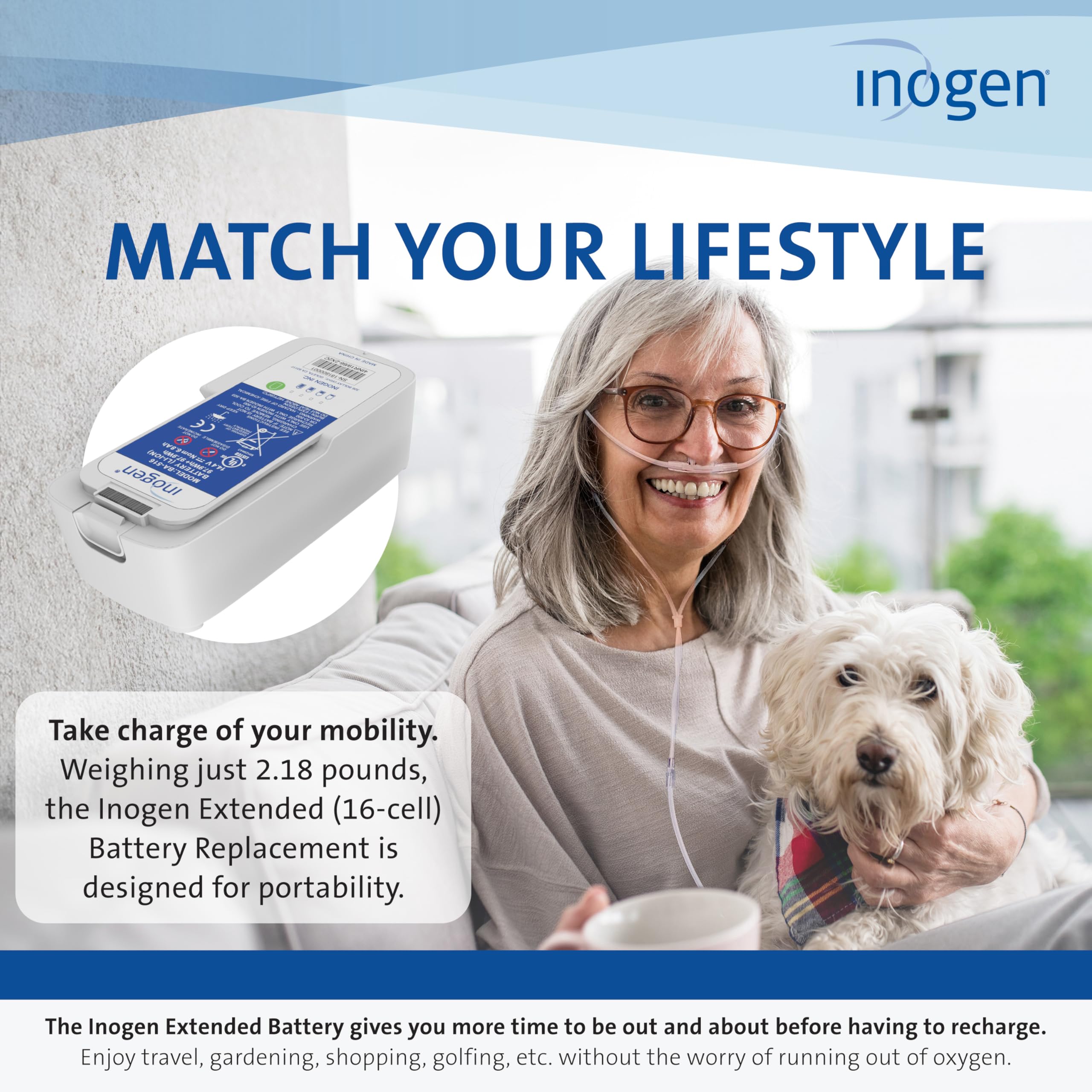 Batterie Inogen étendue FAA approuvée pour voyage aérien.