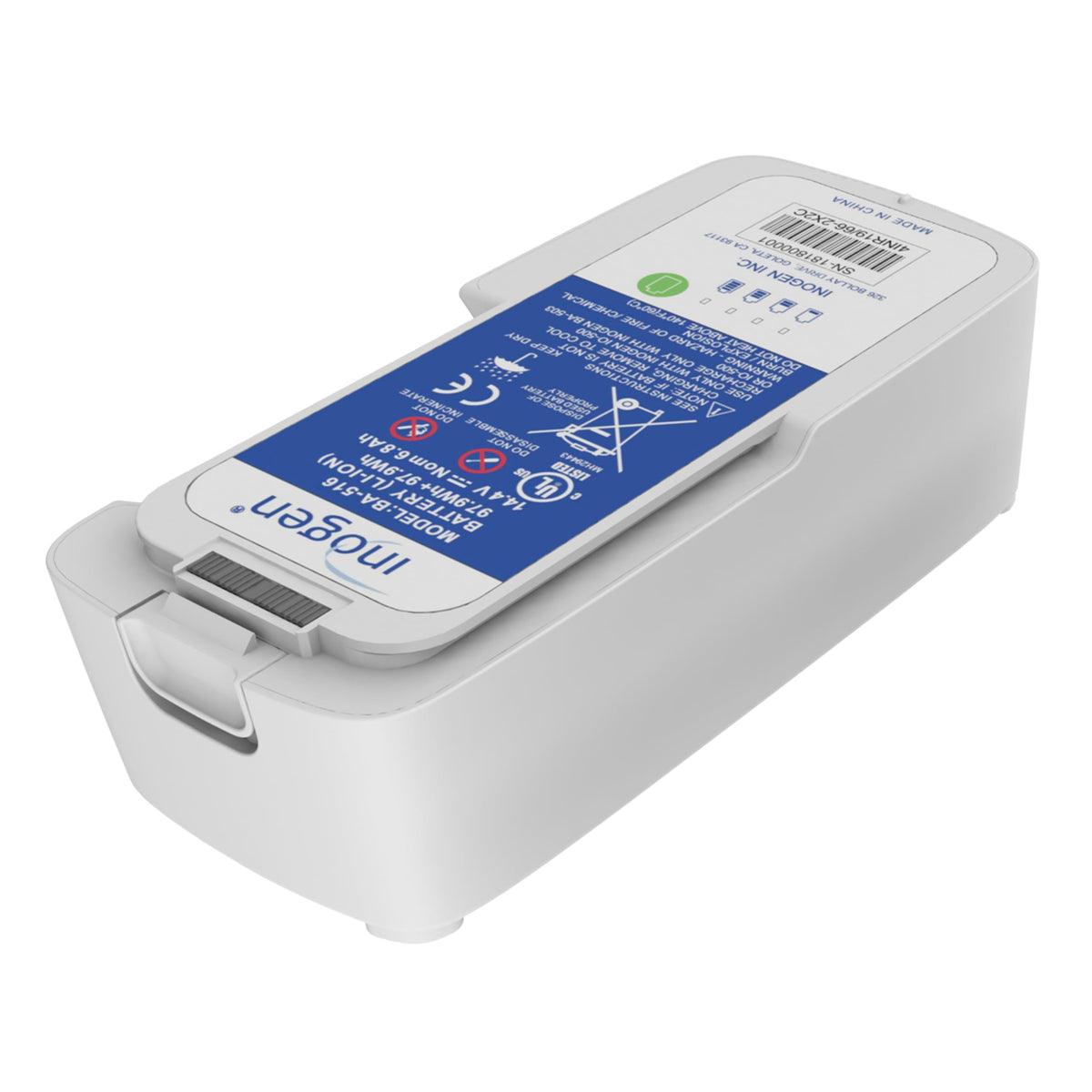 Batterie Inogen étendue 16 cellules, profil compact pour usage quotidien.
