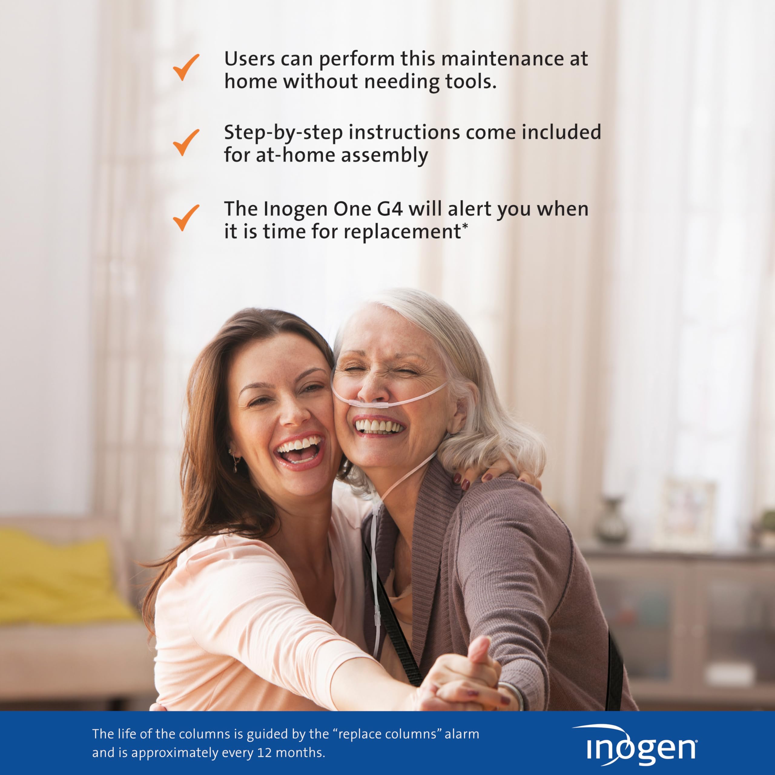 Inogen One G4: entretien à domicile facilité par les colonnes amovibles.
