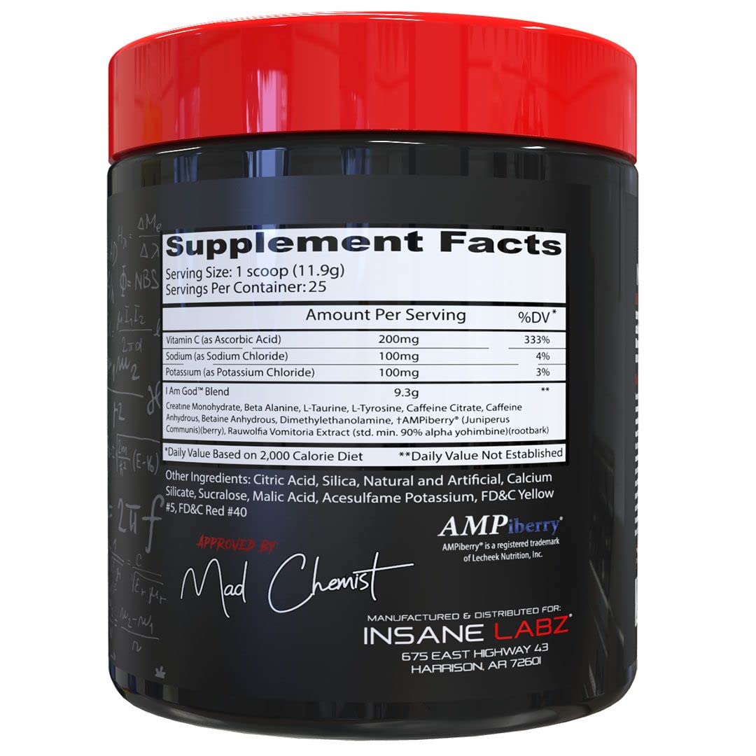 Insane Labz I am God Pre Workout – poudre prête à mélanger pour démarrage rapide et endurance.