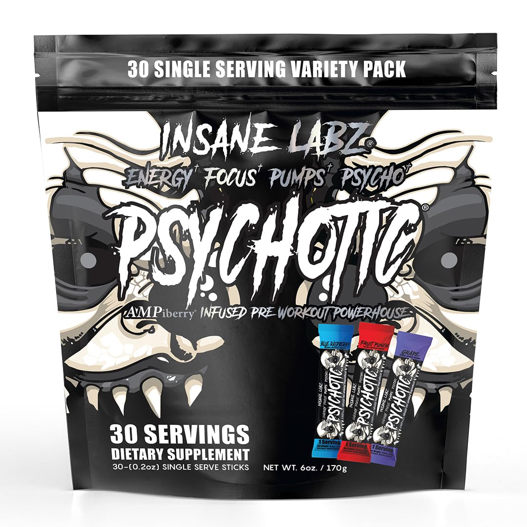 Insane Labz Psychotic Black Edition – bouteille et poudre, énergie soutenue pour l'entraînement.