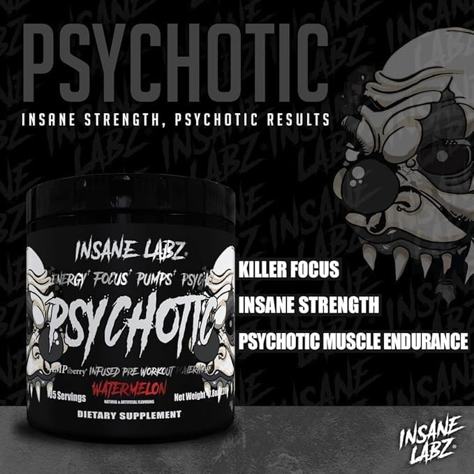 Insane Labz Psychotic Black Edition – shaker et emballage, texture poudre prête à mélanger rapidement pour l'entraînement.