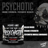 Insane Labz Psychotic Black Edition – shaker et emballage, texture poudre prête à mélanger rapidement pour l'entraînement.