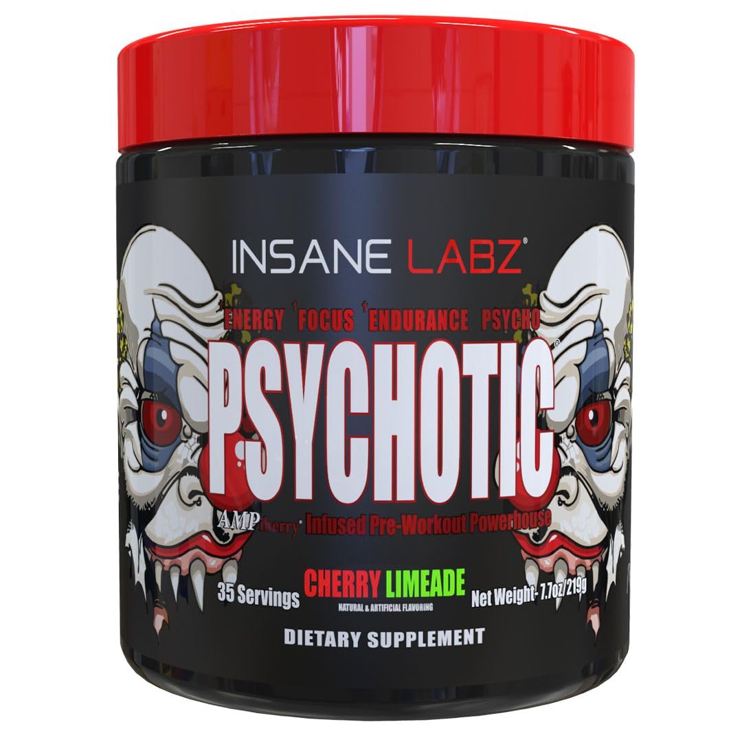 Bouteille Insane Labz Psychotic en rouge prête pour énergie durable pendant l'entraînement.