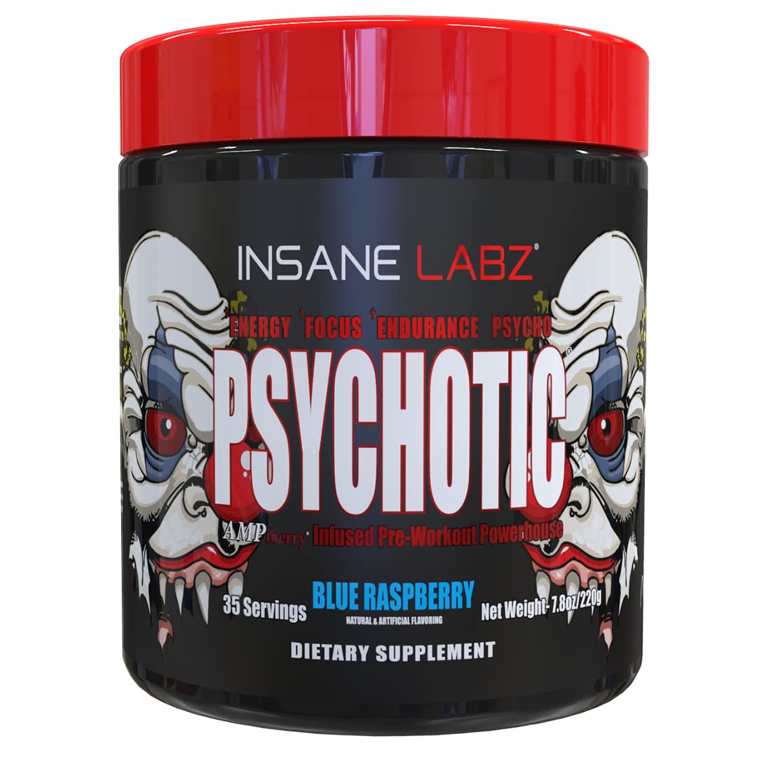 Psychotic d'Insane Labz, flacon framboise bleue, énergie durable et concentration améliorée.