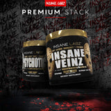 Insane Labz Psychotic Gold, arrière-plan salle de sport évoquant puissance et concentration.