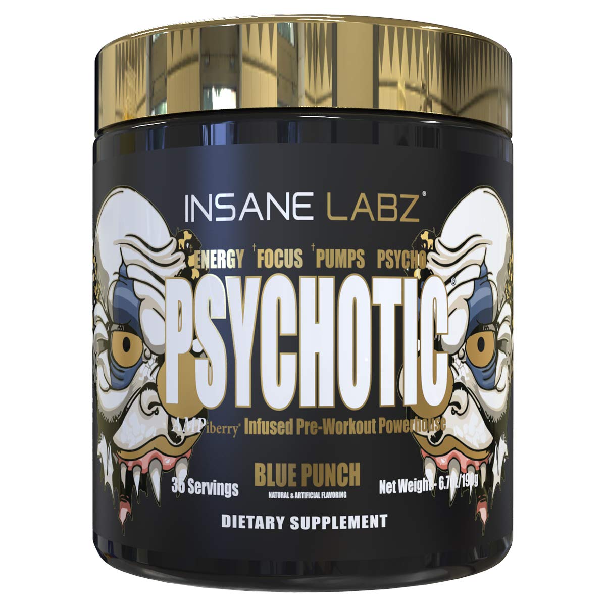 Bouteille Insane Labz Psychotic Gold prête à l’entraînement, énergie durable.