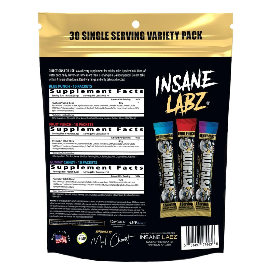 Insane Labz Psychotic Gold, dose pré-entraînement mesurée prête pour démarrer fort.