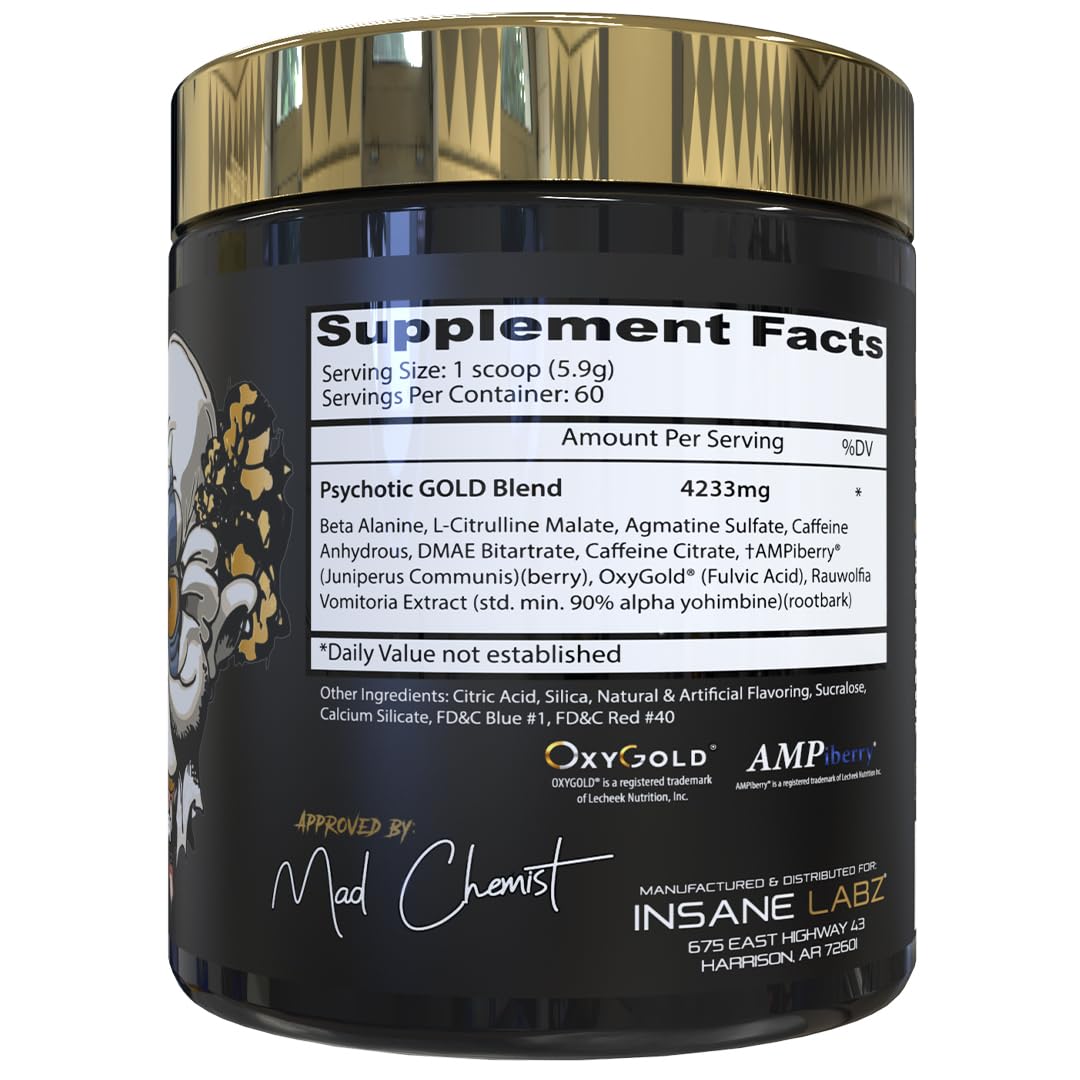 Psychotic Gold d'Insane Labz, dosage pré-entraînement, énergie et concentration optimisées.