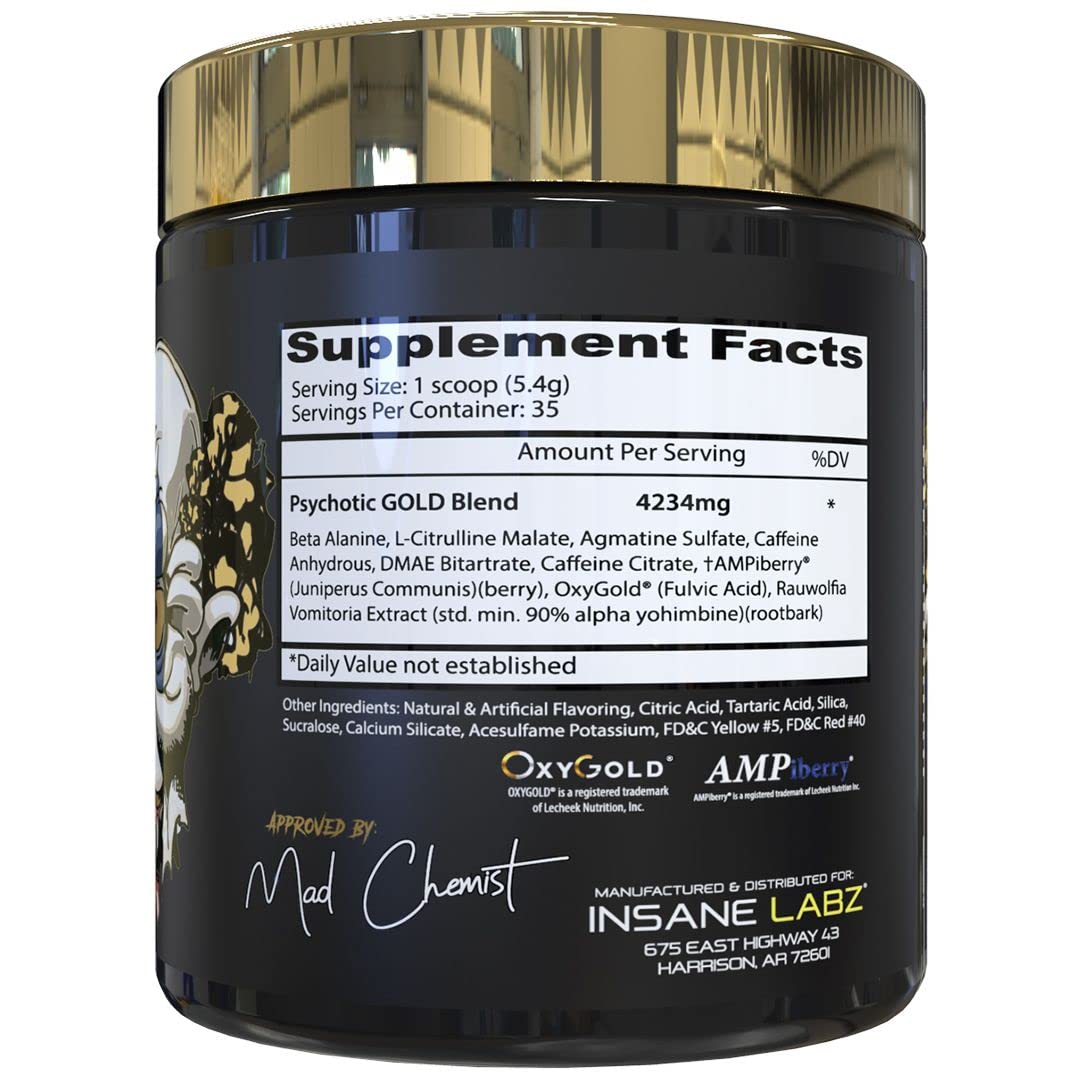 Insane Labz Psychotic Gold — doseur inclus pour mesurer une portion.