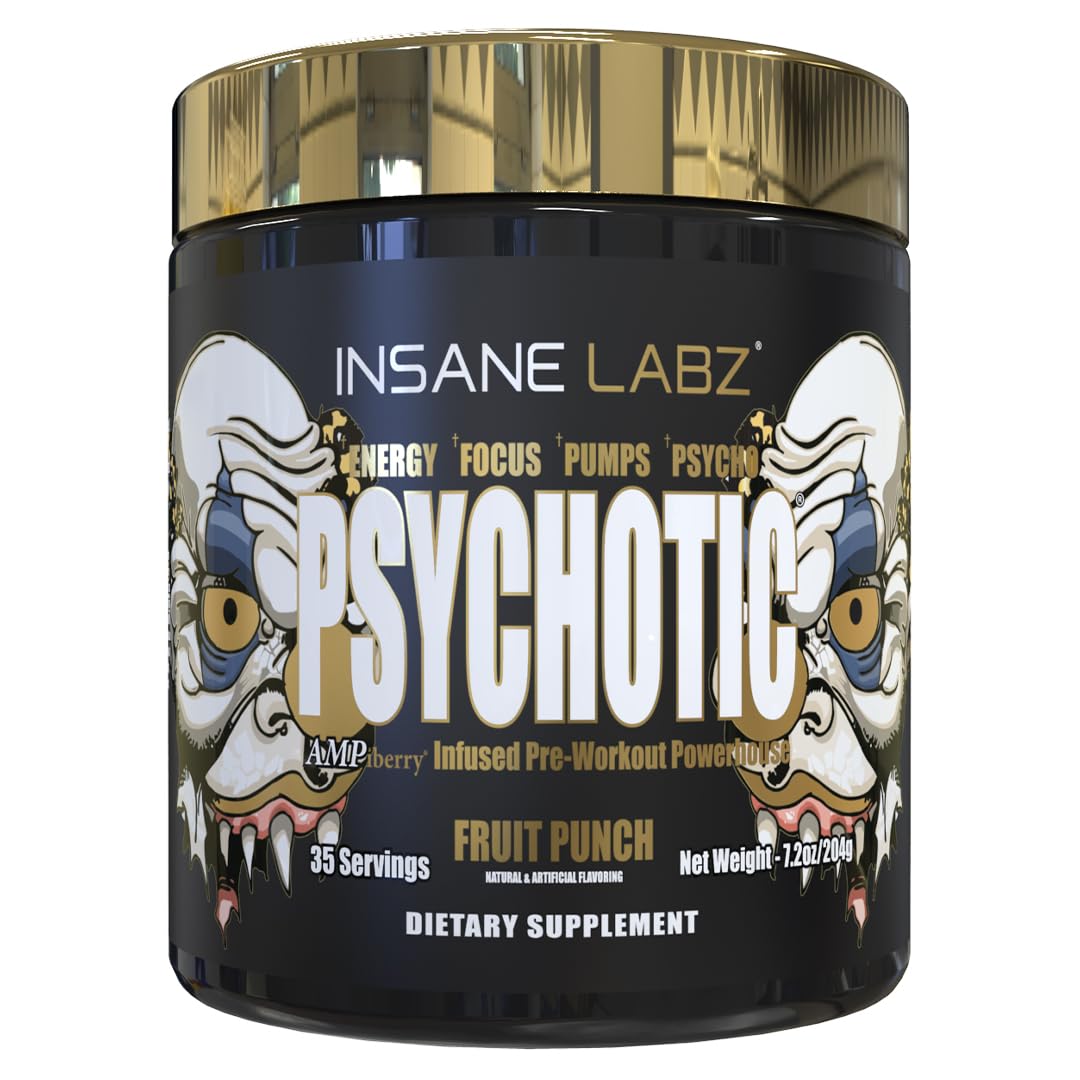 Emballage Insane Labz Psychotic Gold, design énergisant et informations claires