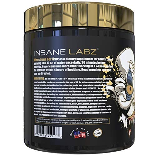 Insane Labz Psychotic Gold, étiquette montrant citrulline et bêta-alanine pour des performances optimisées.