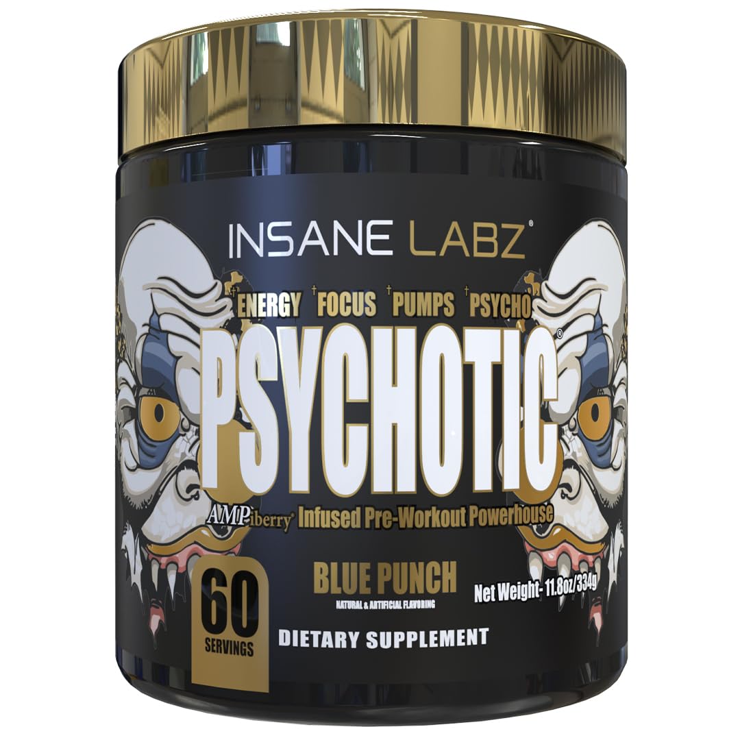 Insane Labz Psychotic Gold flacon bleu-punch pour énergie durable et concentration.