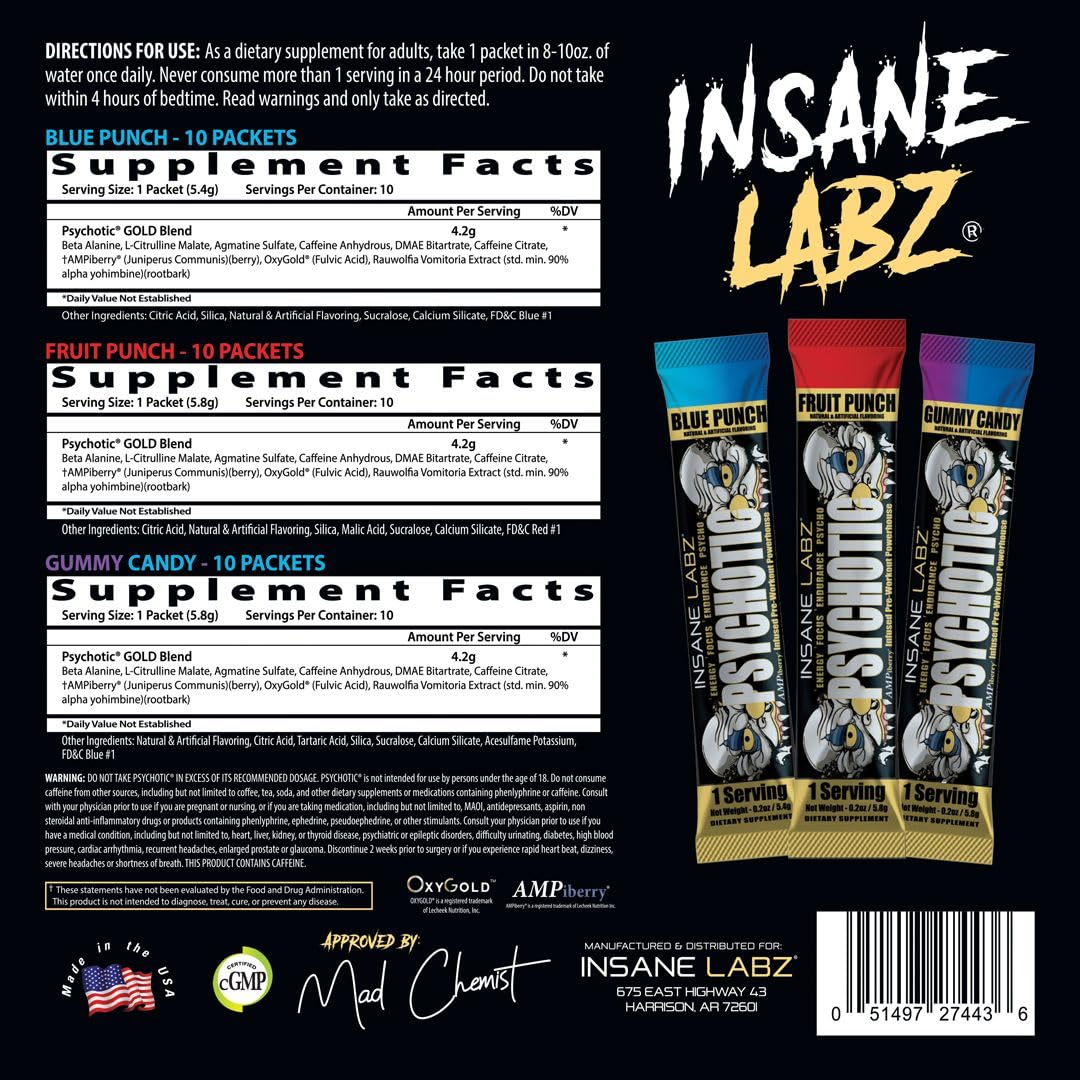 Insane Labz Psychotic Gold, packaging élégant et informations claires sur l'emballage.