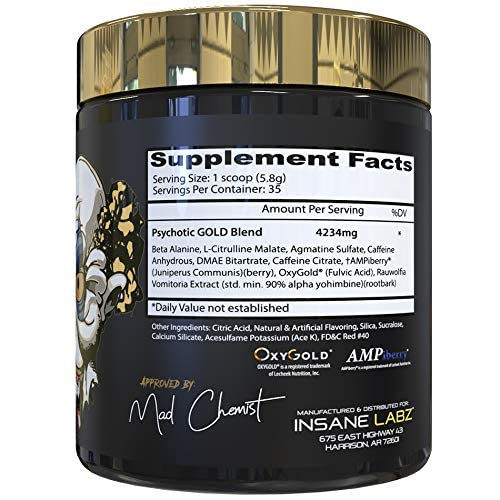 Insane Labz Psychotic Gold, scoop poudre prêt à doser pour une séance d’entraînement plus intense.