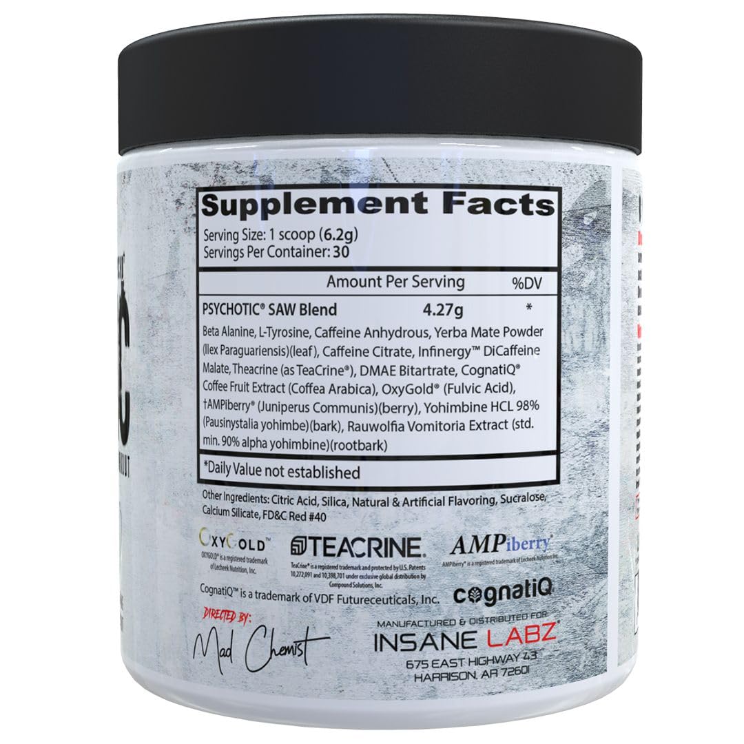 Insane Labz Psychotic SAW framboise bleue – concentration accrue avant l'effort.