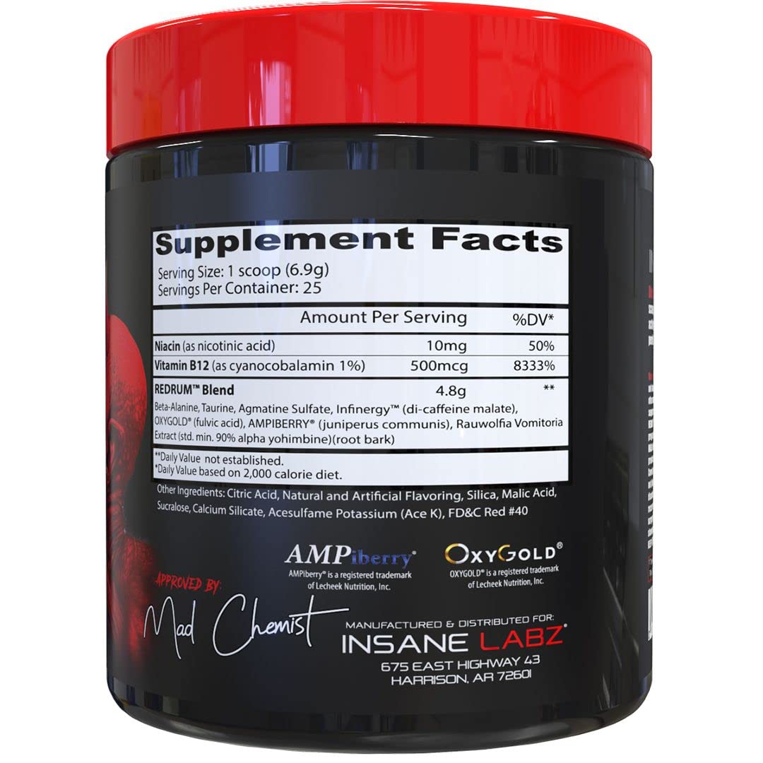 Redrum Insane Labz – scoop poudre, dosage pratique pour pré-entraînement