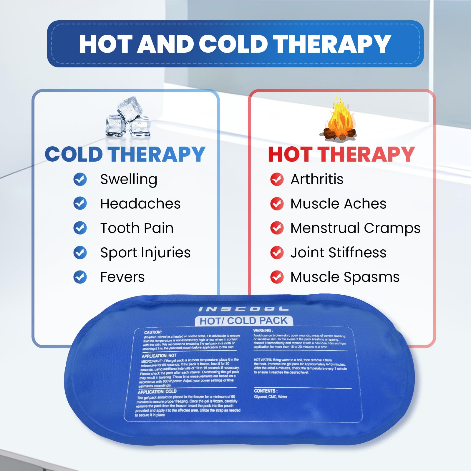 Inscool packs glace genou et dos, contour flexible offrant un soulagement mains libres pendant le repos.